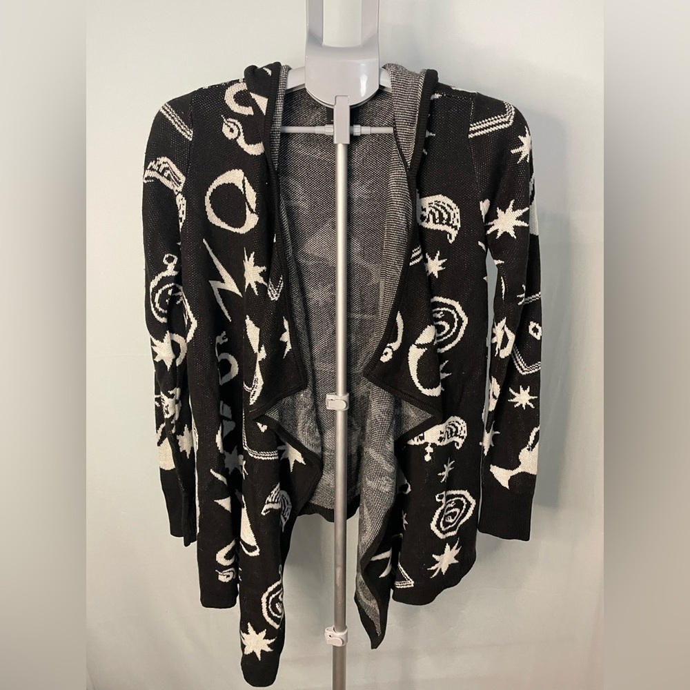 Harry Potter Horcrux‎ Cardigan Women XS Black White Hooded Open Front Sweater